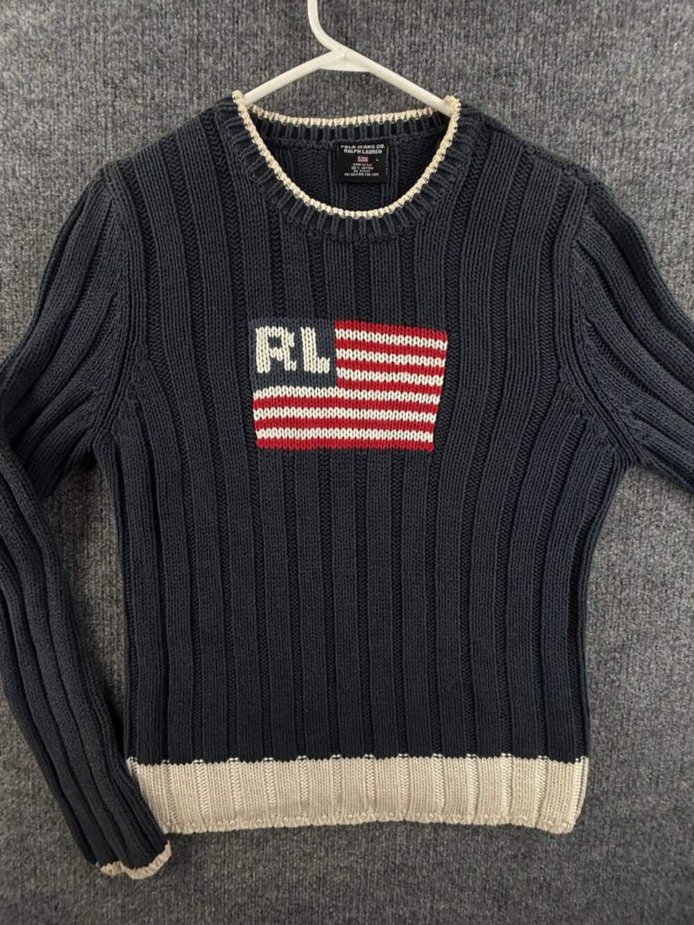 Ralph Lauren PJC USA Flag Graphic Women Blue Sweater Large Crew Stars Stripes RL